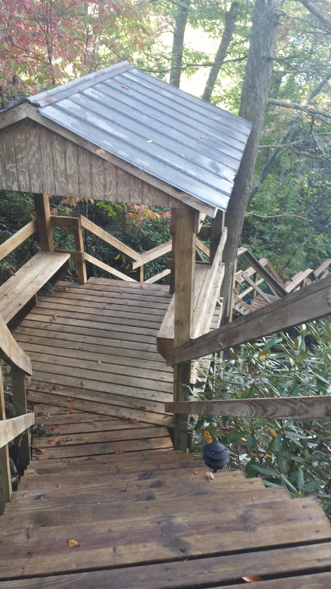 Metal roofed shelter over wooden steps on a wooded walkway — Skylight Repair & Installation work by our crew in Deer Trail